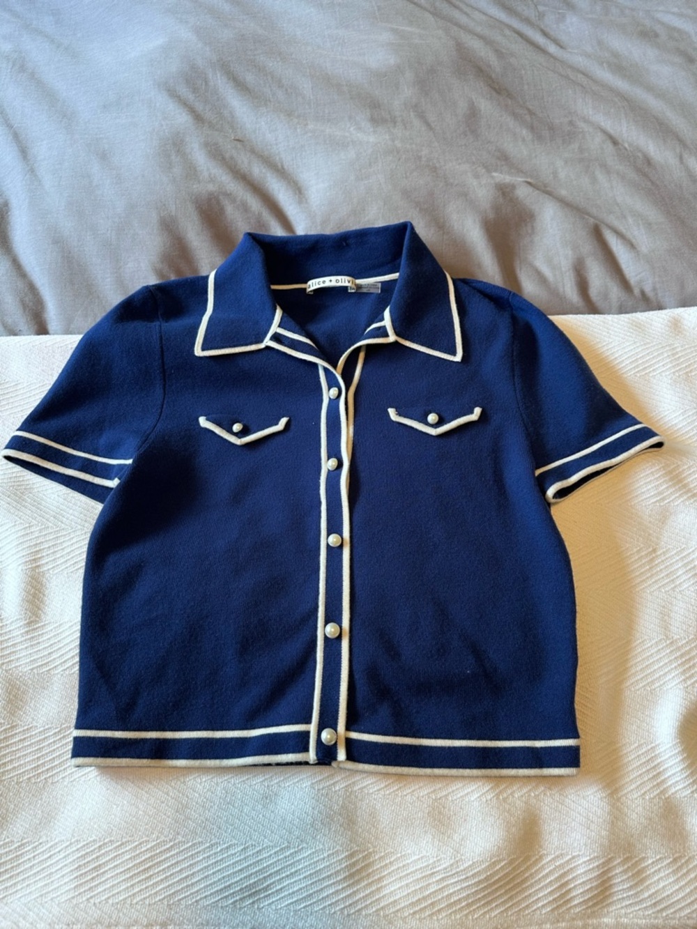 Alice + Olivia Marlena Button-Front Polo - Navy/White. Size Large. - Picture 2 of 5
